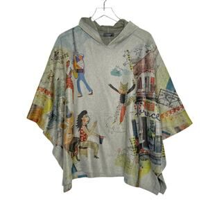 Inoah Hooded Poncho Florence Italy Cafe Cat OS Whimsical Wearable Art Meow